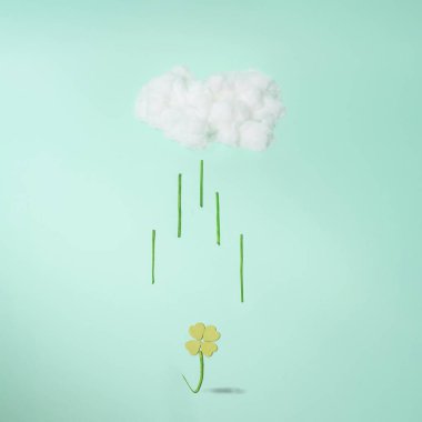 Bir yoncanın filizlendiği kabarık bir buluttan yağmur yağar. Sevgililer Günü ve aşk için kavramsal pastel arka plan.