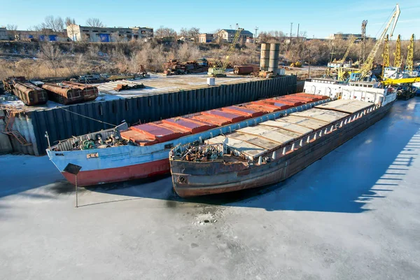 Cargo Transportation Old Cargo Ship Winter Layup Ships Mouth Volga — Stock Photo, Image