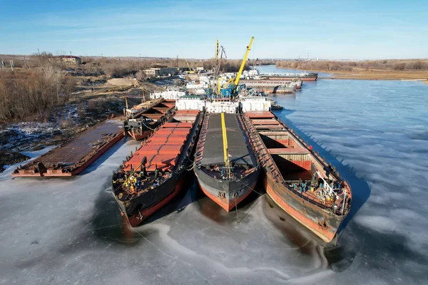 Winter Layup Ships Mouth Volga River Volgograd Russia Cargo Transportation — Stock Photo, Image