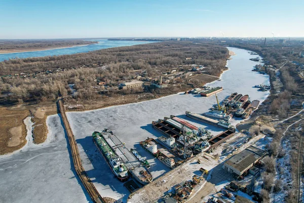 Вид Зверху Зимовий Склад Кораблів Біля Гирла Волги Волгограді Росія — стокове фото