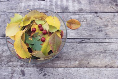 Kırmızı böğürtlen ve sarı sonbahar yaprakları gri tahta bir masada cam bir fincanda.