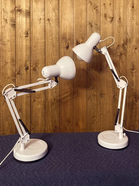 Two White Table Lamps Seem Look Each Other Wooden Background — Stock Photo, Image