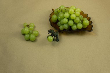 Dinazor oyuncağı ve beyaz üzümler ambalaj kağıdında