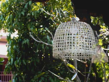 Bambudan yapılmış beyaz bir lamba..