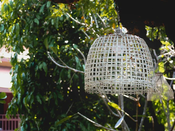 Bambudan yapılmış beyaz bir lamba..