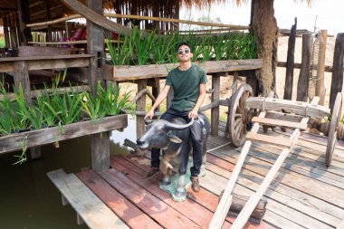 Siyah gözlüklü bir adam bufalo heykelinde oturuyor.