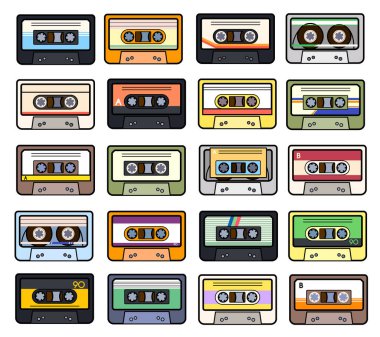 Vektör retro ses kasetleri koleksiyonu. Farklı renkli müzik kasetleri seti. Beyaz arka planda izole edilmiş. Teyp ve ses, müzik ve ses, medya ve kayıt.