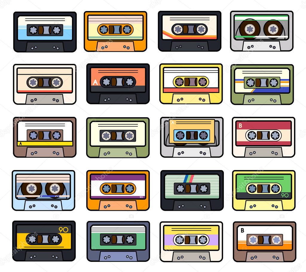 Collection of vector retro audio cassettes. Set of different colorful music tapes. Isolated on white background. Tape and audio, music and sound, media and record.