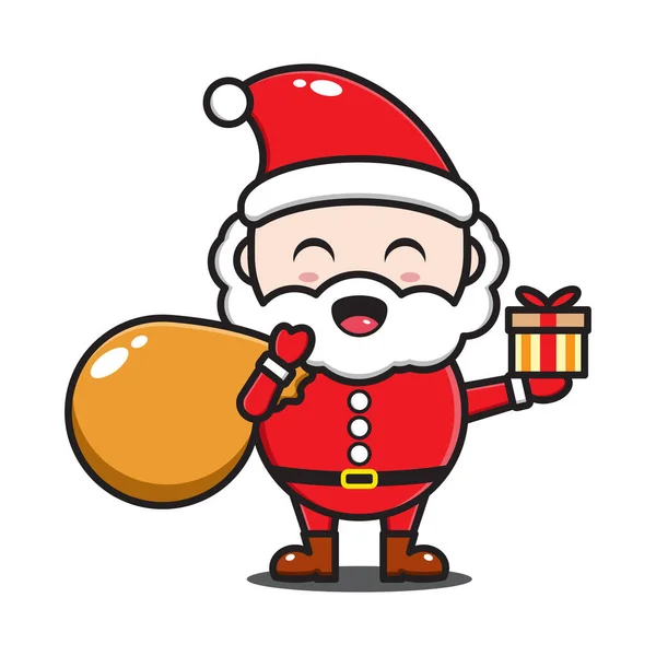 Schattig Cartoon Santa Claus Met Kerst Cadeau — Stockvector