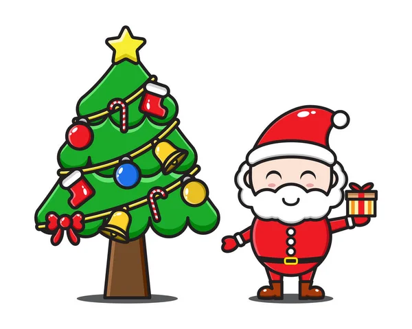 Schattig Cartoon Santa Claus Met Kerstboom — Stockvector