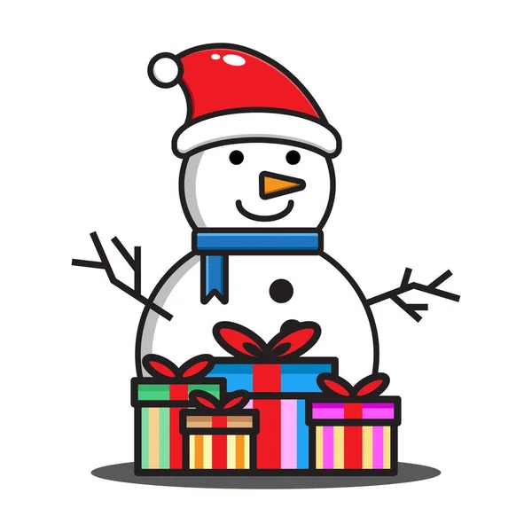 Leuke Cartoon Sneeuwpop Met Kerstcadeau — Stockvector