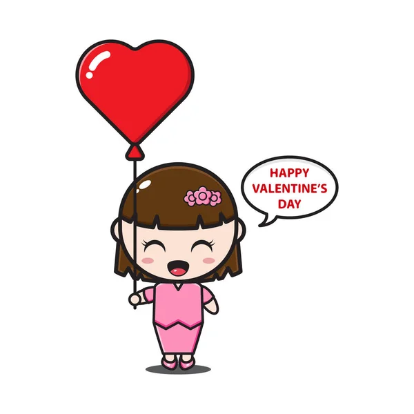 Girl Holding Love Balloon Saying Happy Valentine Day — Stock Vector
