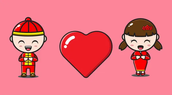 Милая Китайская Пара Любовью День Святого Валентина — стоковый вектор