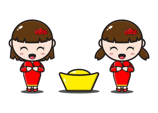 Mignonne Deux Chinois Fille Avec Chinois Nouvelle Année — Image vectorielle