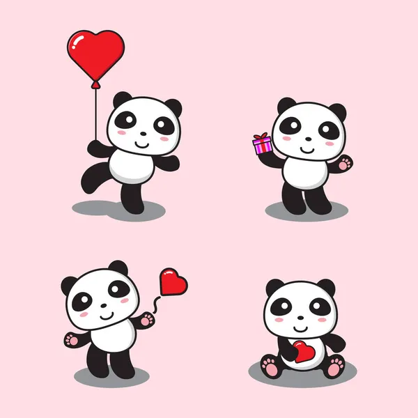 Set Von Niedlichen Cartoon Panda Mit Liebe Und Geschenk — Stockvektor