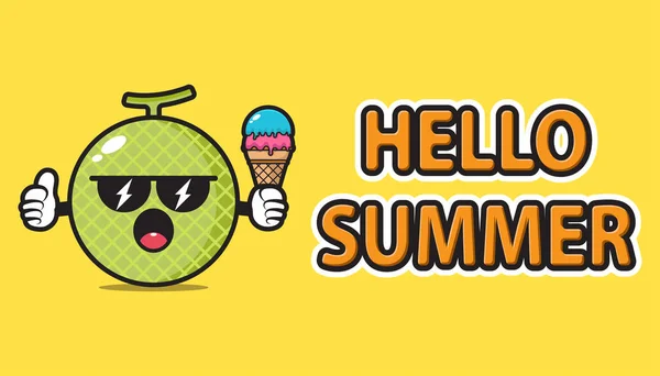 Melon Mascot Wearing Sunglasses Holding Ice Cream Hello Summer Greeting — Stock Vector