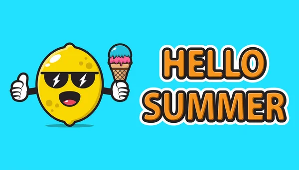 レモンマスコットサングラスを着てこんにちは夏の挨拶バナーとアイスクリームを保持 — ストックベクタ