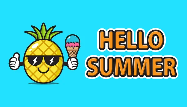 Ananas Maskottchen Mit Sonnenbrille Und Eis Mit Hallo Sommer Gruß — Stockvektor