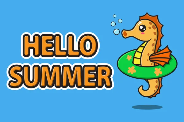 Seahorse Cute Mascot Wearing Rubber Swimming Ring Hello Summer Greeting — Stock Vector