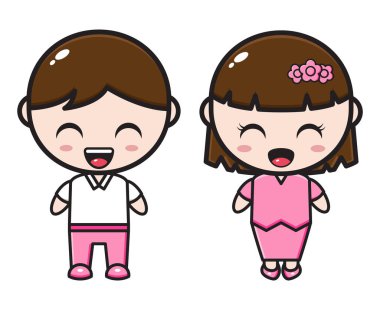 Pembe günlük kıyafetler giyen sevimli karikatür çifti çizimi