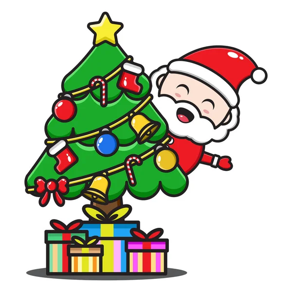 Schattig Santa Claus Cartoon Illustratie Met Kerstboom Geschenken — Stockvector