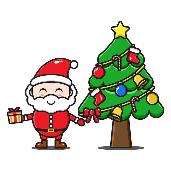 Schattig Santa Claus Cartoon Illustratie Met Kerstboom — Stockvector