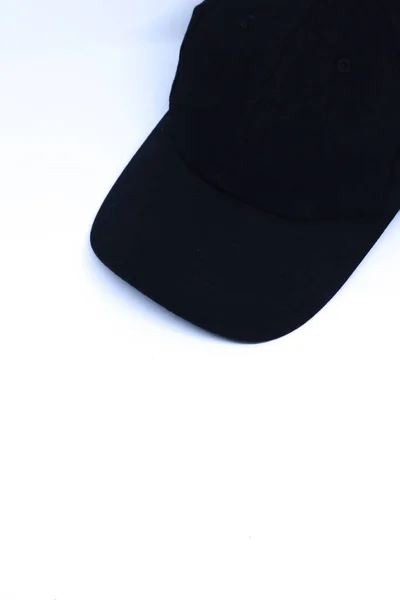 Oblique Top Shot Black Hat Corner Minimalist White Background Portrait — Stock Photo, Image