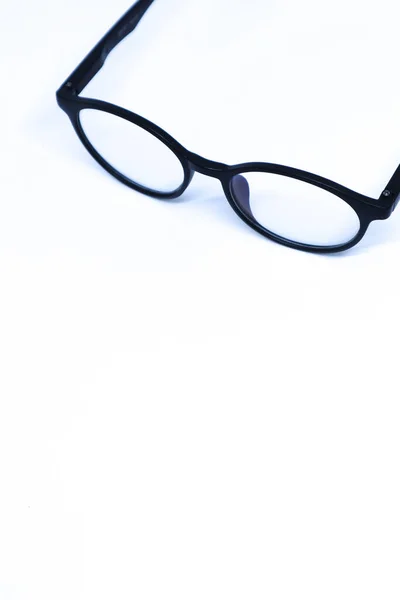 Oblique Top Shot Black Eyeglasses Corner Minimalist White Background Portrait — Stock Photo, Image