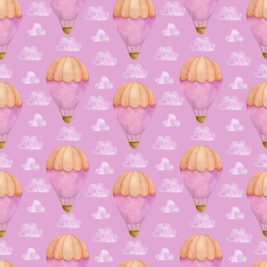Pembe sıcak hava balonu, suluboya pürüzsüz desen, hava taşımacılığı.