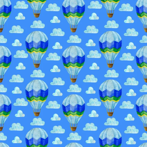 Blue hot air balloon watercolor seamless pattern, Air Transport — Stock Photo, Image