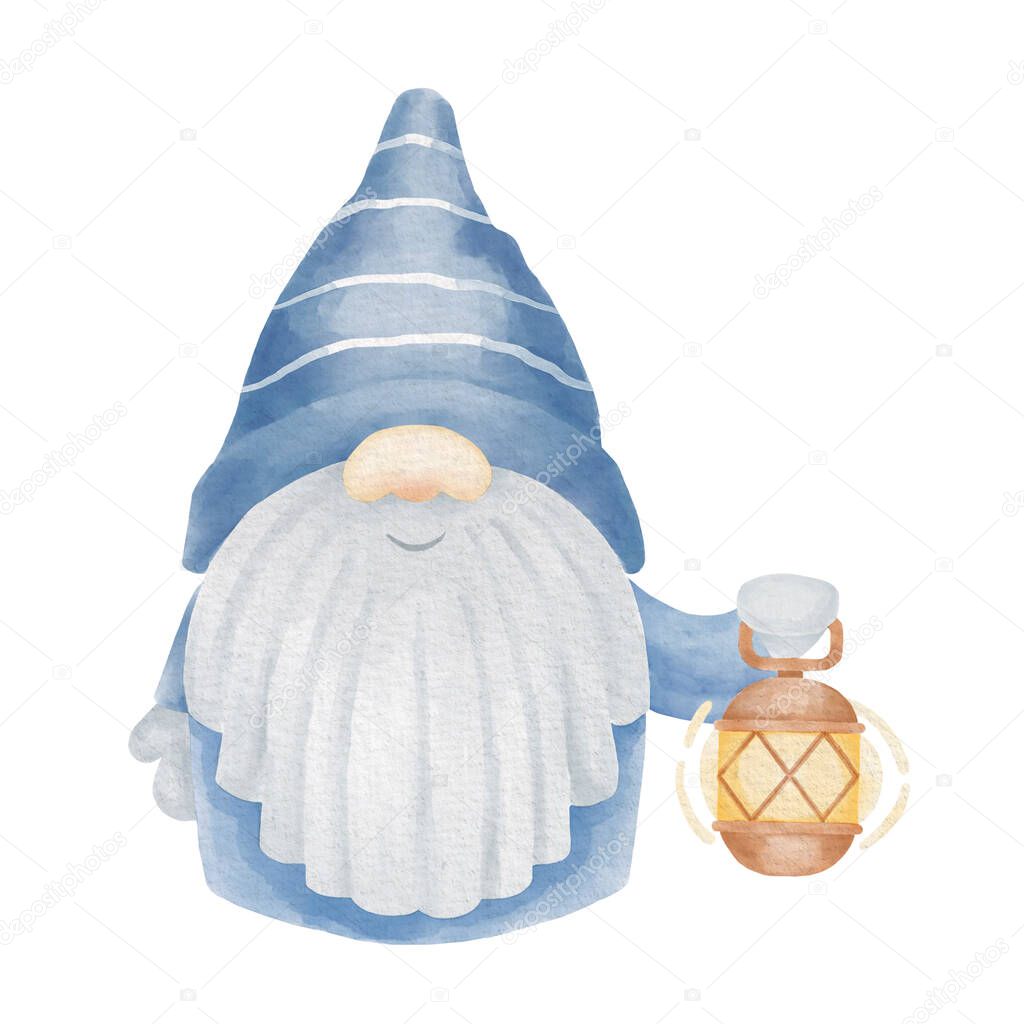 Gnome watercolor illustration. Christmas gnome with a flashlight clipart.