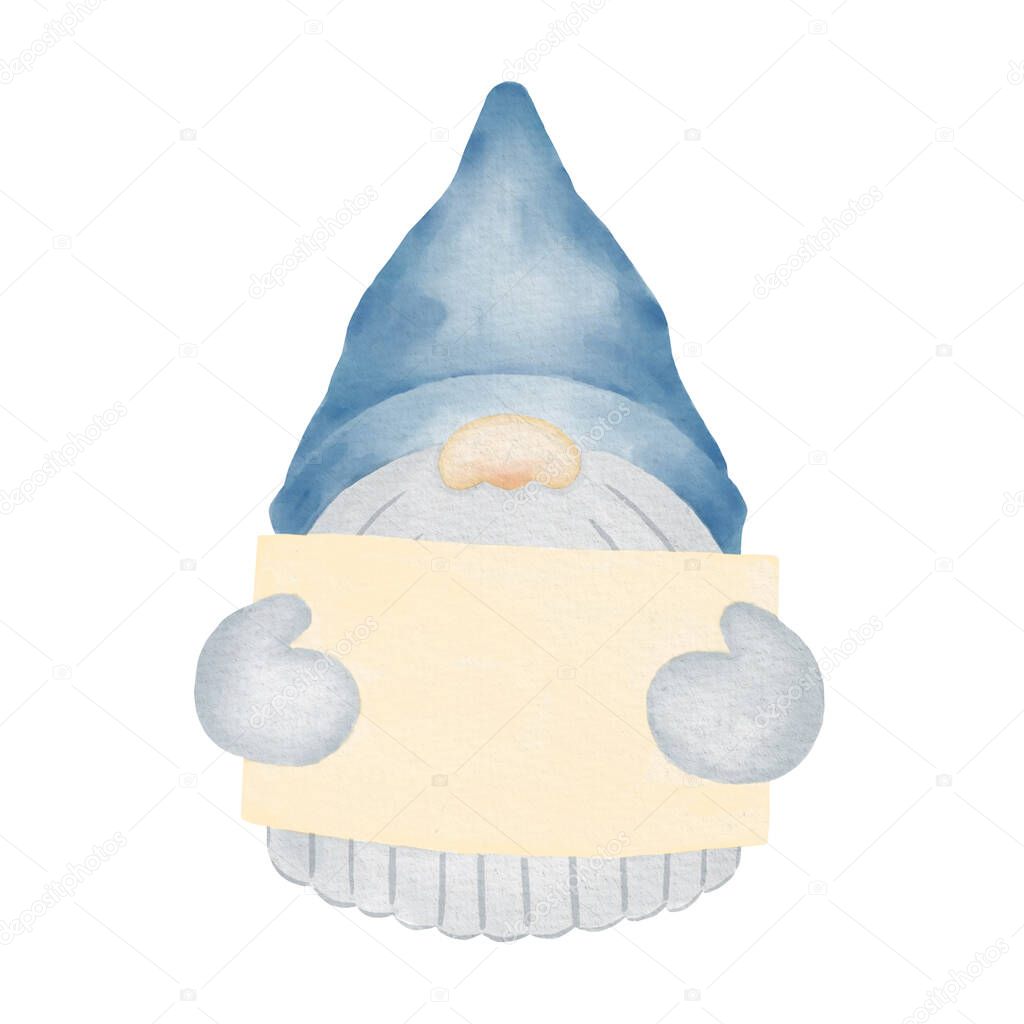 Gnome with card watercolor illustration. Winter Background.