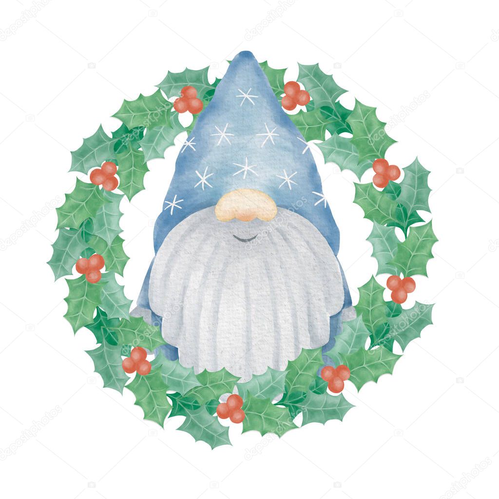Christmas gnome in a Holly wreath watercolor illustration. Holly wreath with red berries watercolor clipart. Christmas sublimation design.