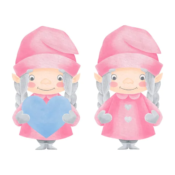 Κορίτσι Gnomes με την καρδιά κλιπ. Valentine Gnome ακουαρέλα εικονογράφηση. Κάρτα ημέρας του Αγίου Βαλεντίνου. — Διανυσματικό Αρχείο