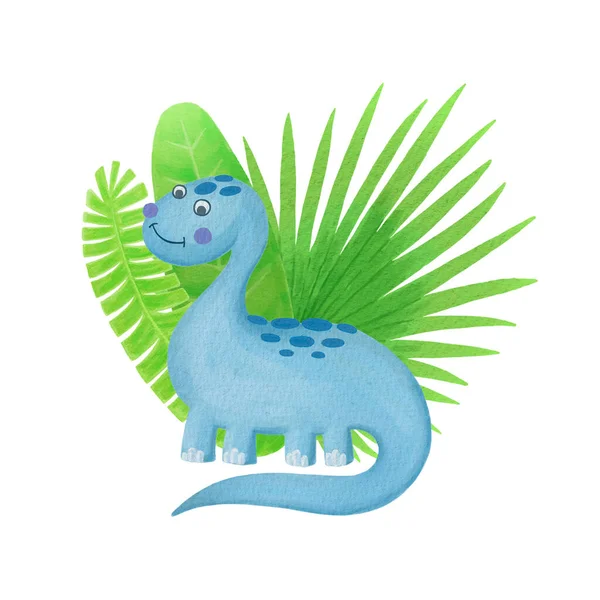 Ilustración de acuarela de dinosaurios. Blue Brachiosaurus clipart. Animales tropicales —  Fotos de Stock