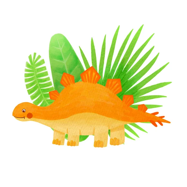 Ilustración de acuarela de dinosaurios. Naranja Stegosaurus clipart. Animales tropicales —  Fotos de Stock