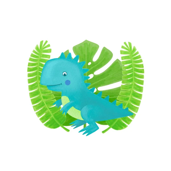 Dinosauří akvarel ilustrace. Zelený Tyranosaurus Rexův kliparty. Tropické zvíře — Stock fotografie