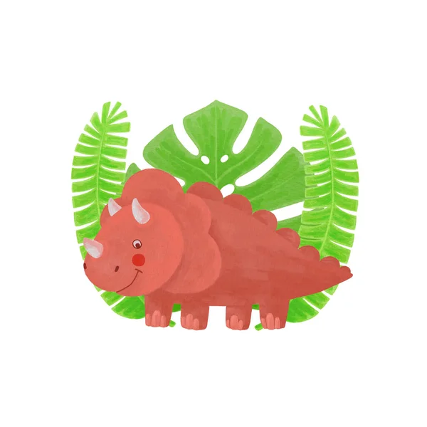 Ilustración de acuarela de dinosaurios. Pink Triceratops clipart. Animales tropicales —  Fotos de Stock