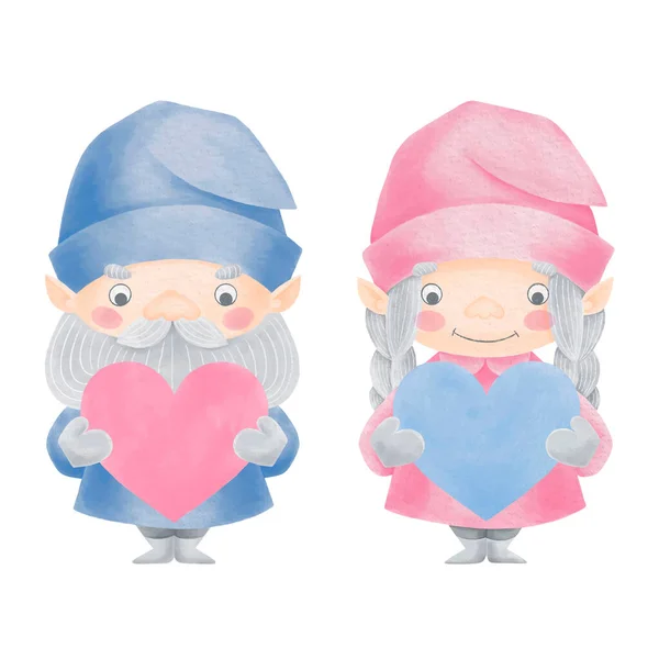 Αγαπώντας ζευγάρι gnomes ακουαρέλα εικονογράφηση. Κορίτσι και Αγόρι Γνώστες με καρδιά. Κάρτα ημέρας του Αγίου Βαλεντίνου — Διανυσματικό Αρχείο