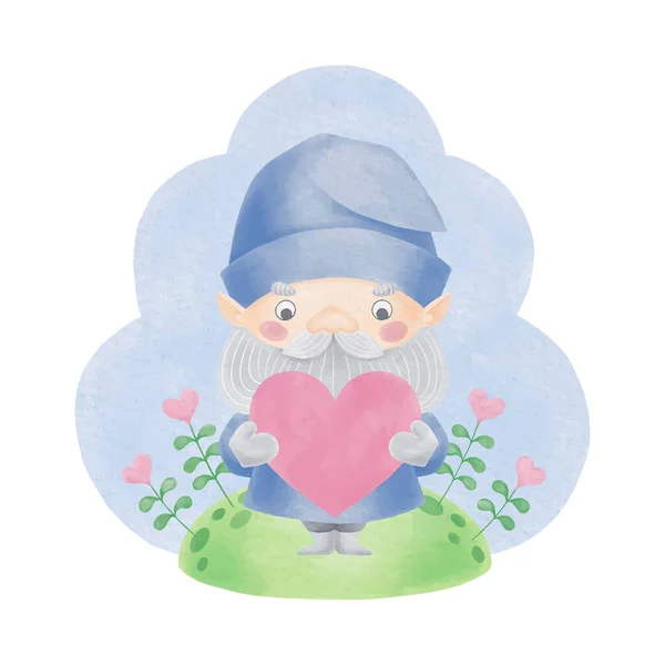 Valentine Gnome ilustração aquarela. Gnome clipart. Cartão de Dia dos Namorados. — Vetor de Stock