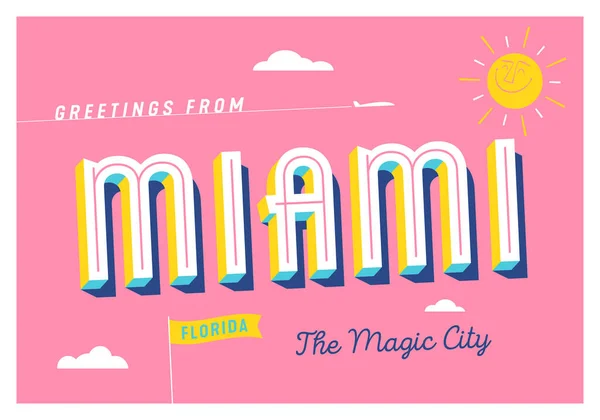 Saudações Miami Flórida Magic City Cartão Postal Turístico Eps — Vetor de Stock