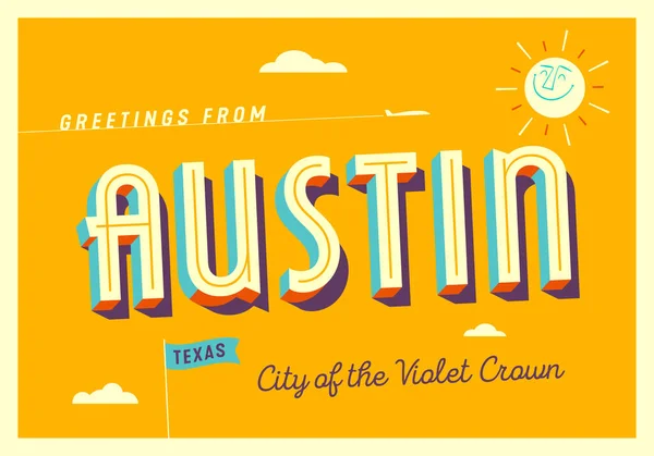 テキサス州オースティンからのご挨拶 バイオレットクラウン市 観光ポストカード Eps — ストックベクタ