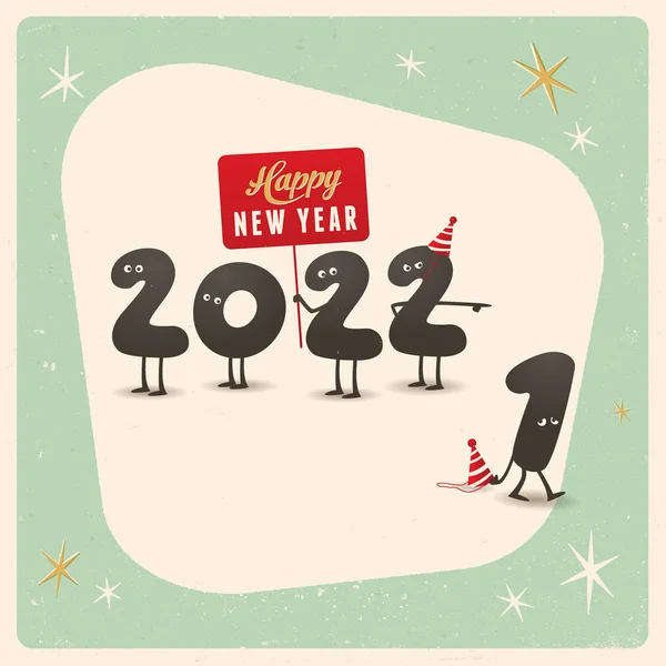 Cartão Saudação Engraçado Estilo Vintage Feliz Ano Novo 2022 Editável —  Vetores de Stock