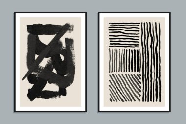 Duvar dekorasyonu, kartpostal ya da broşür tasarımı için el boyaması iki soyut minimalist çizimi. Vektör EPS10.