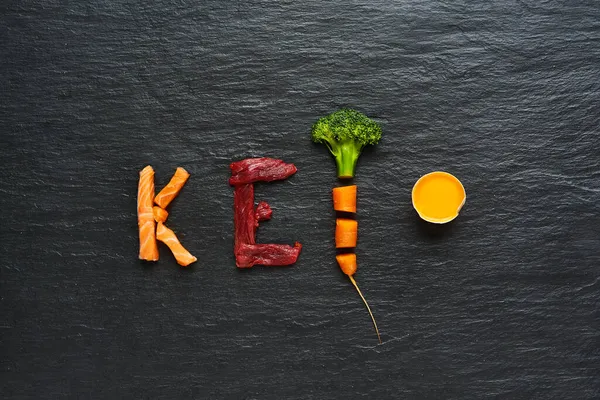 Ketojenik gıdalardan yapılmış keto kelimesi, yeni yıl sağlık diyeti çözeltisi sığır eti, somon, yumurta, brokoli, domates, fındık, havuç, mantar, salatalık, hurma. Fotokopi alanı olan koyu arkaplanda diyet yemekleri. 