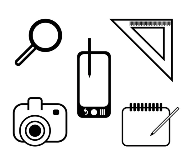 写真家関連ベクトルの概要アイコンのシンプルなセット カメラ 拡大鏡 ノートブック ペンタブレットなどのアイコンが含まれています — ストックベクタ