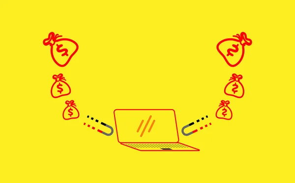 Para Mıknatıslı Dizüstü Bilgisayarın Vektör İllüstrasyonu. İş İçeriği, çevrimiçi çalışma, uzaktan çalışma, serbest çalışma.