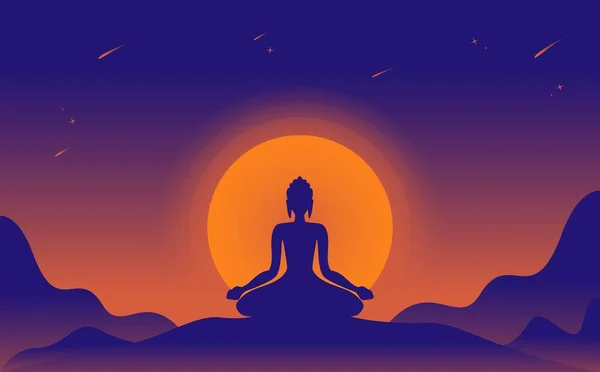 Vesak Buddha Illustration Vesak Day Celebration Moon Circle Background Mountains — Διανυσματικό Αρχείο