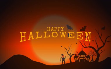 Happy halloween, with zombies, old house and leafless tree, spooky full moon in the night sky realistic illustration