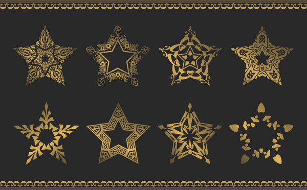 звезда форма золотой орнамент набор, черный фон, этот вектор хорошо подходит для различных материалов дизайна, свадебный фон приглашения, визитная карточка